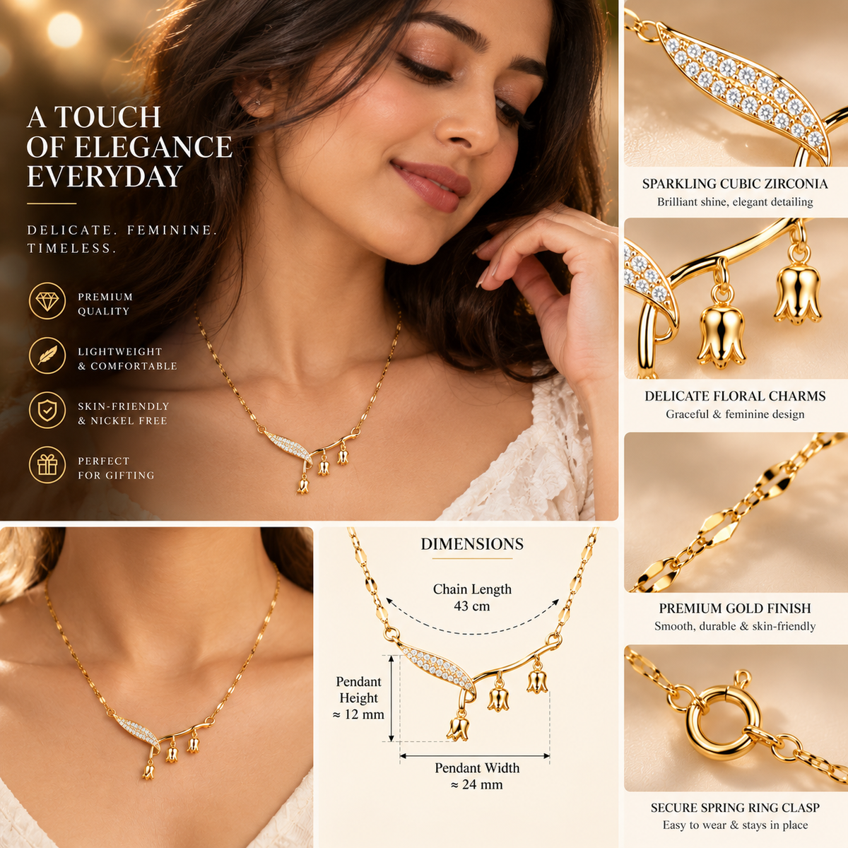 Tulip Grace Necklace | Delicate Floral Gold Jewellery | YAJAA