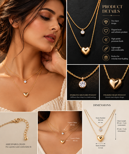 Heart & Solitaire Layered Necklace  | YAJAA