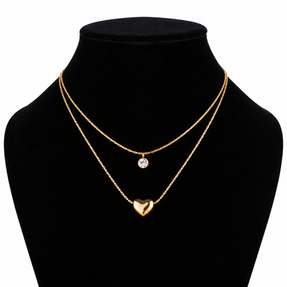 Heart & Solitaire Layered Necklace  | YAJAA